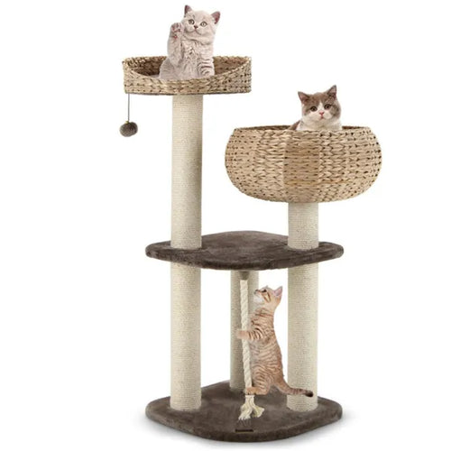 Hand-woven water hyacinth cat tree with three cats, sisal scratching posts and woven perches