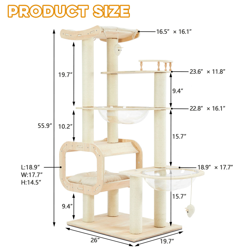 4-story cat tree product size chart showing 55.9 inch height and platform dimensions