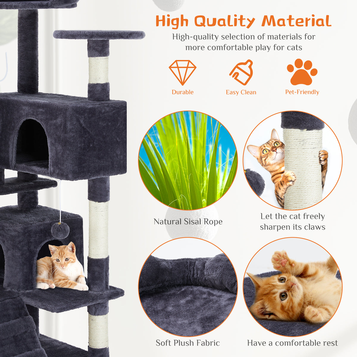 Dark gray cat tree material quality – natural sisal rope, soft plush fabric, durable and pet-friendly