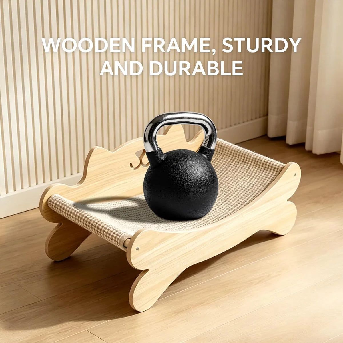 Wooden cat scratcher bed supporting a kettlebell weight – sturdy and durable solid wood frame