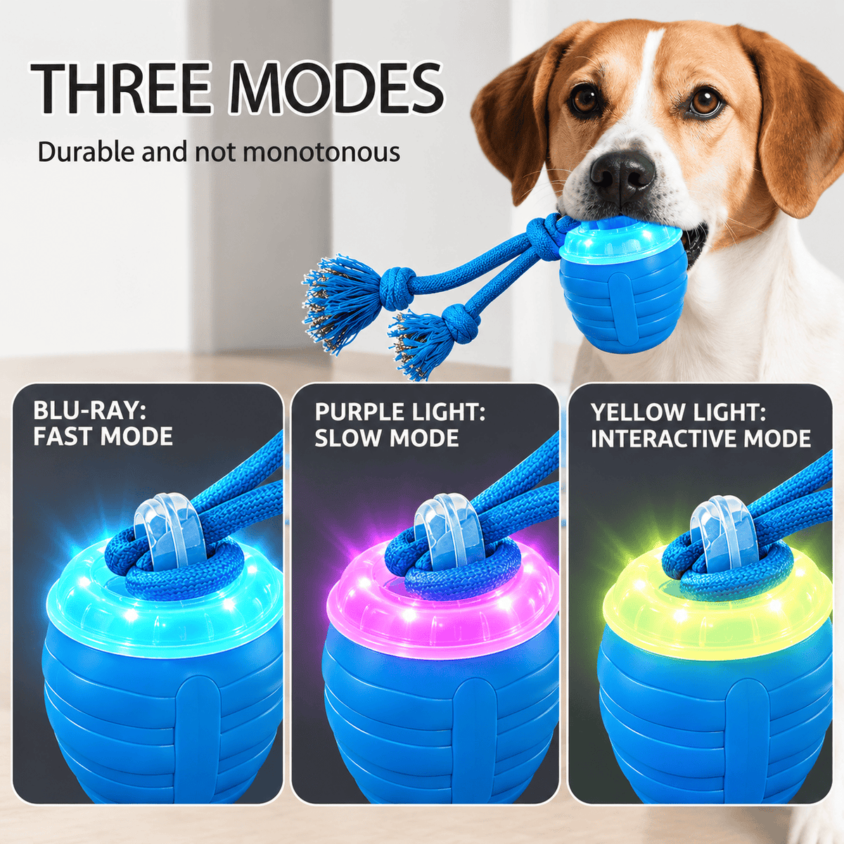 Three modes graphic showing a Beagle holding the blue smart ball and its blue-ray fast, purple slow, and yellow interactive light modes.