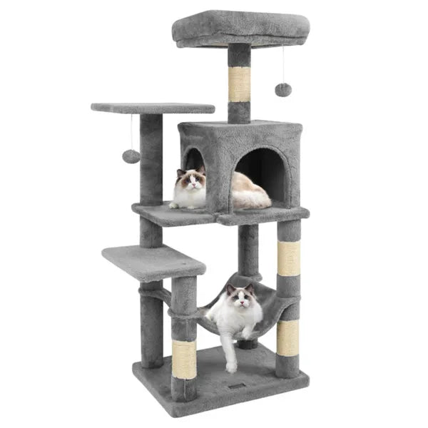44-inch multi-level cat tree in light gray with top perch, condo, and hammock