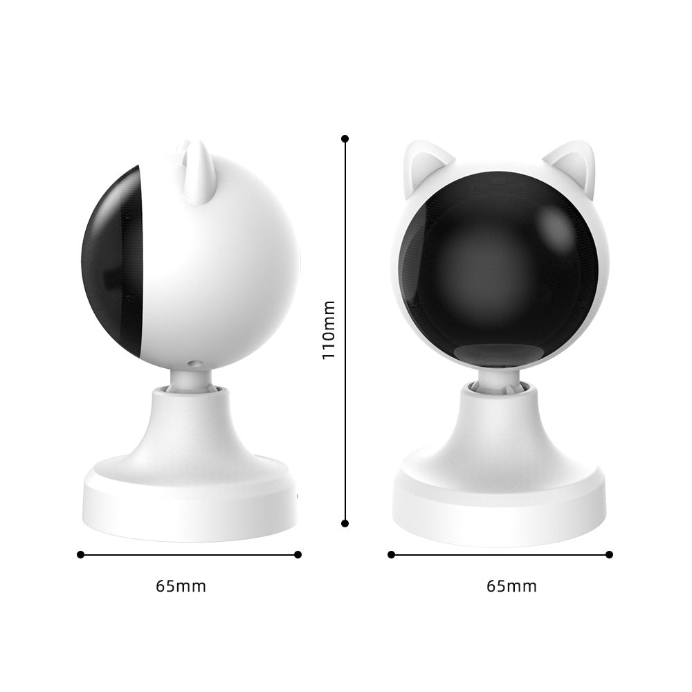 Dimension diagram of the white cat-shaped laser toy showing 110mm height and 65mm width, side and front views.