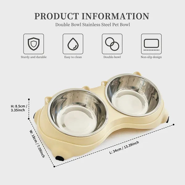 Yellow double cat food bowl product information – two stainless steel bowls, sturdy, easy to clean, double-bowl, non-slip design