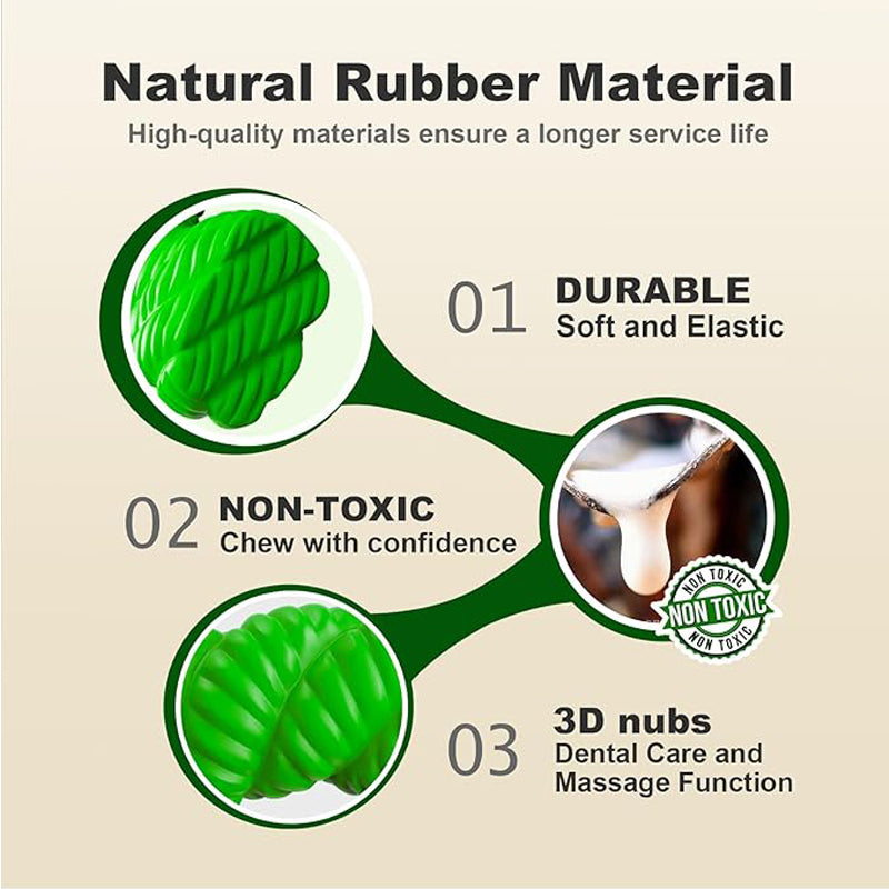Infographic showing natural rubber material benefits: durable, non-toxic and 3D nubs for dental care