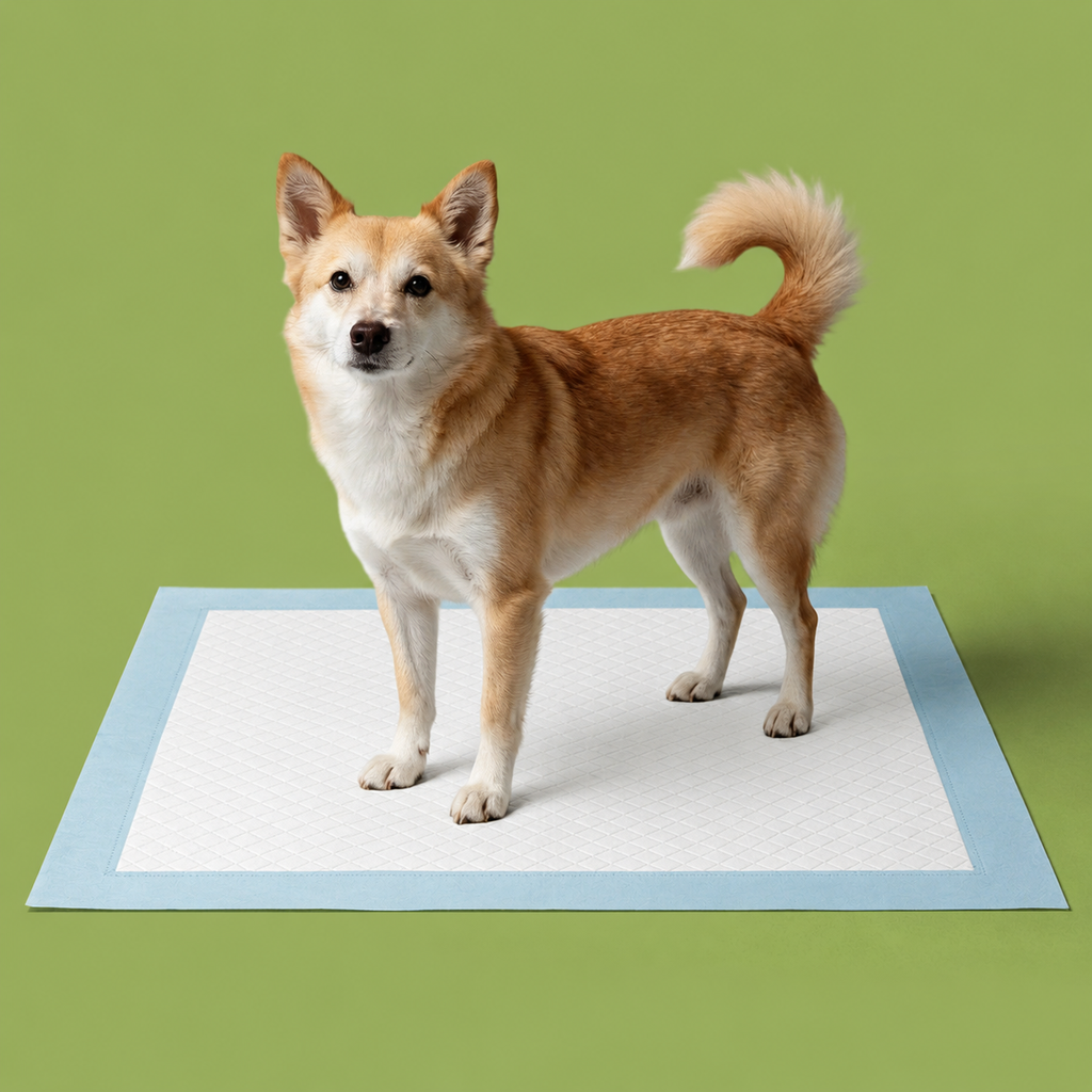 Tan and white dog standing on disposable dog training pad with blue border against green background