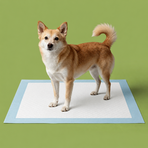 Tan and white dog standing on disposable dog training pad with blue border against green background
