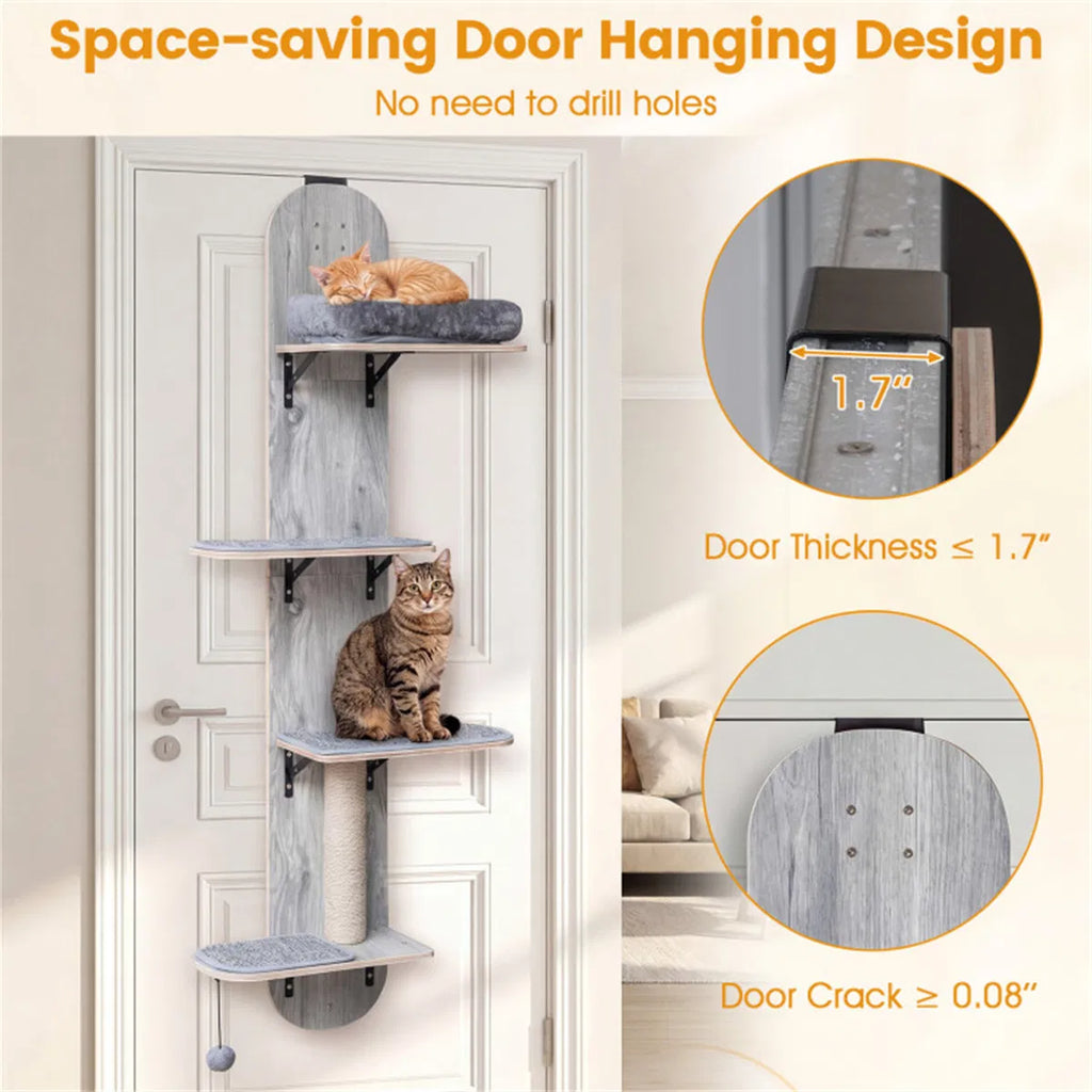 Space-saving no-drill door hanging design infographic – fits doors up to 1.7 inches thick, cats on perches