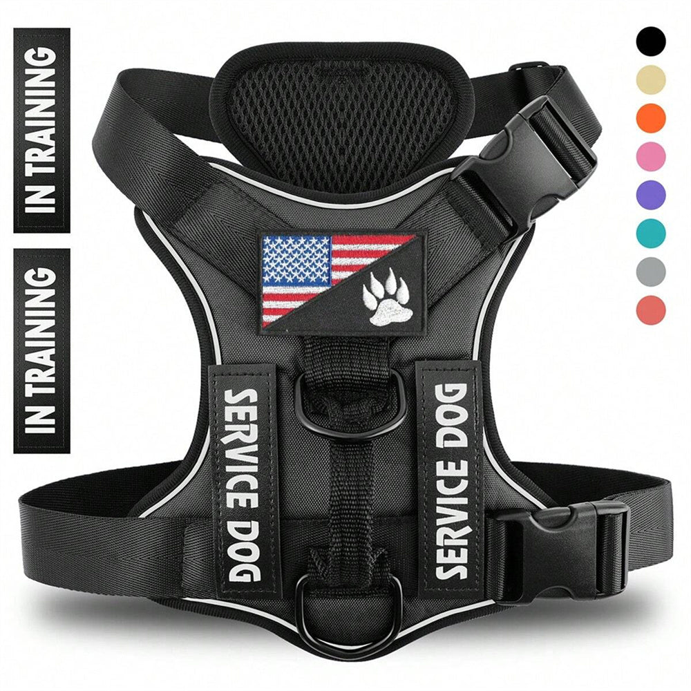 Black reflective no-pull service dog harness vest, front view with SERVICE DOG and IN TRAINING patches, breathable mesh panel and D-rings