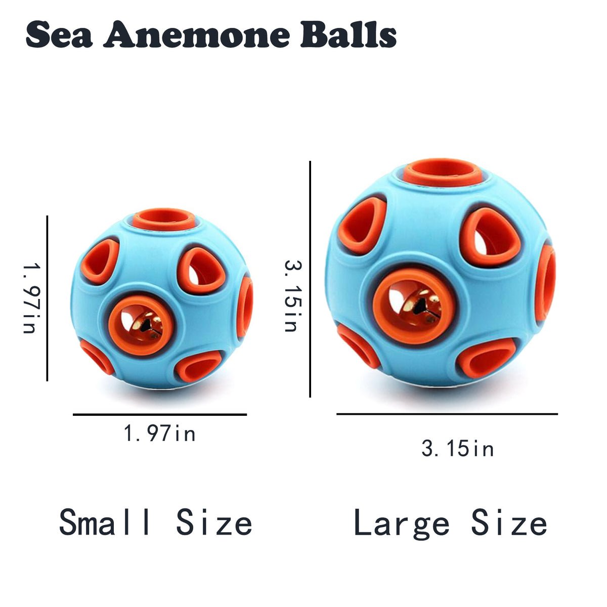 Sea anemone rubber ball size chart showing small 1.97 inch and large 3.15 inch sizes