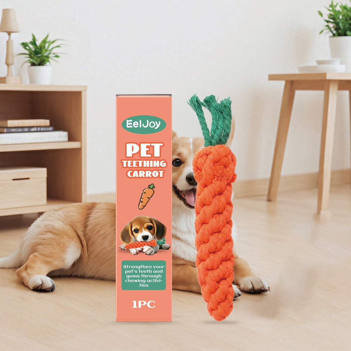Two carrot chew toys on packaging with dogs playing in background