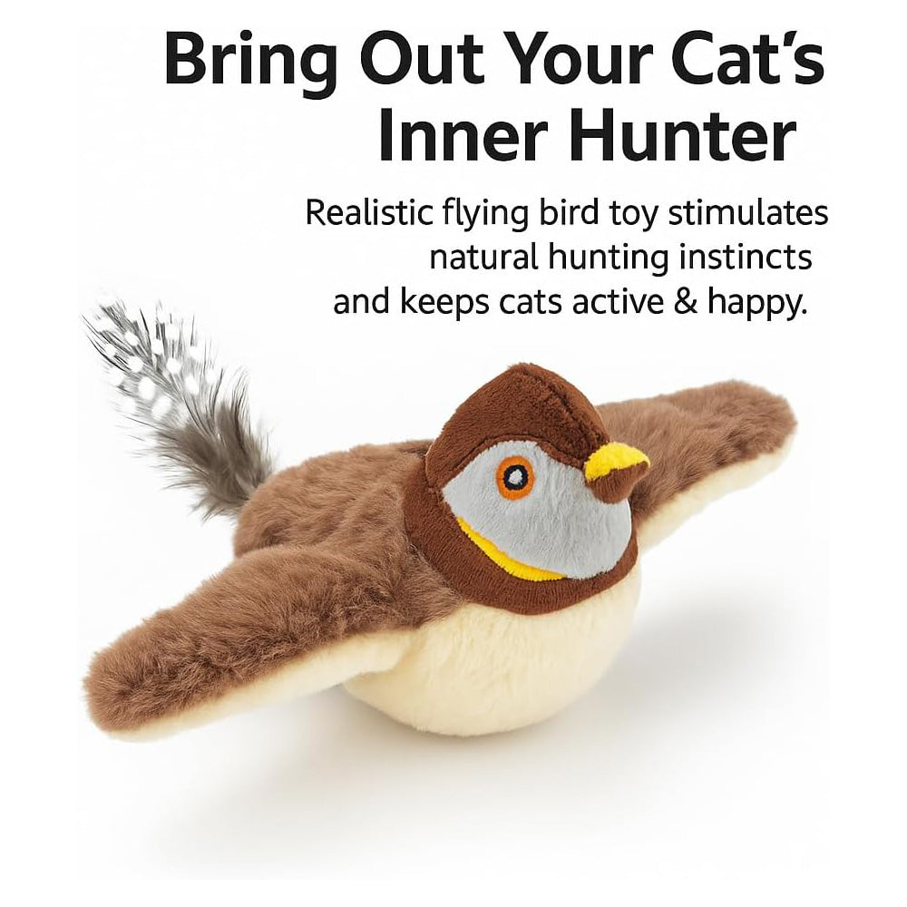 Flapping bird cat toy hunter graphic: brown chirping sparrow plush with feather tail and spread wings; realistic flying bird toy stimulates cats' natural hunting instincts.