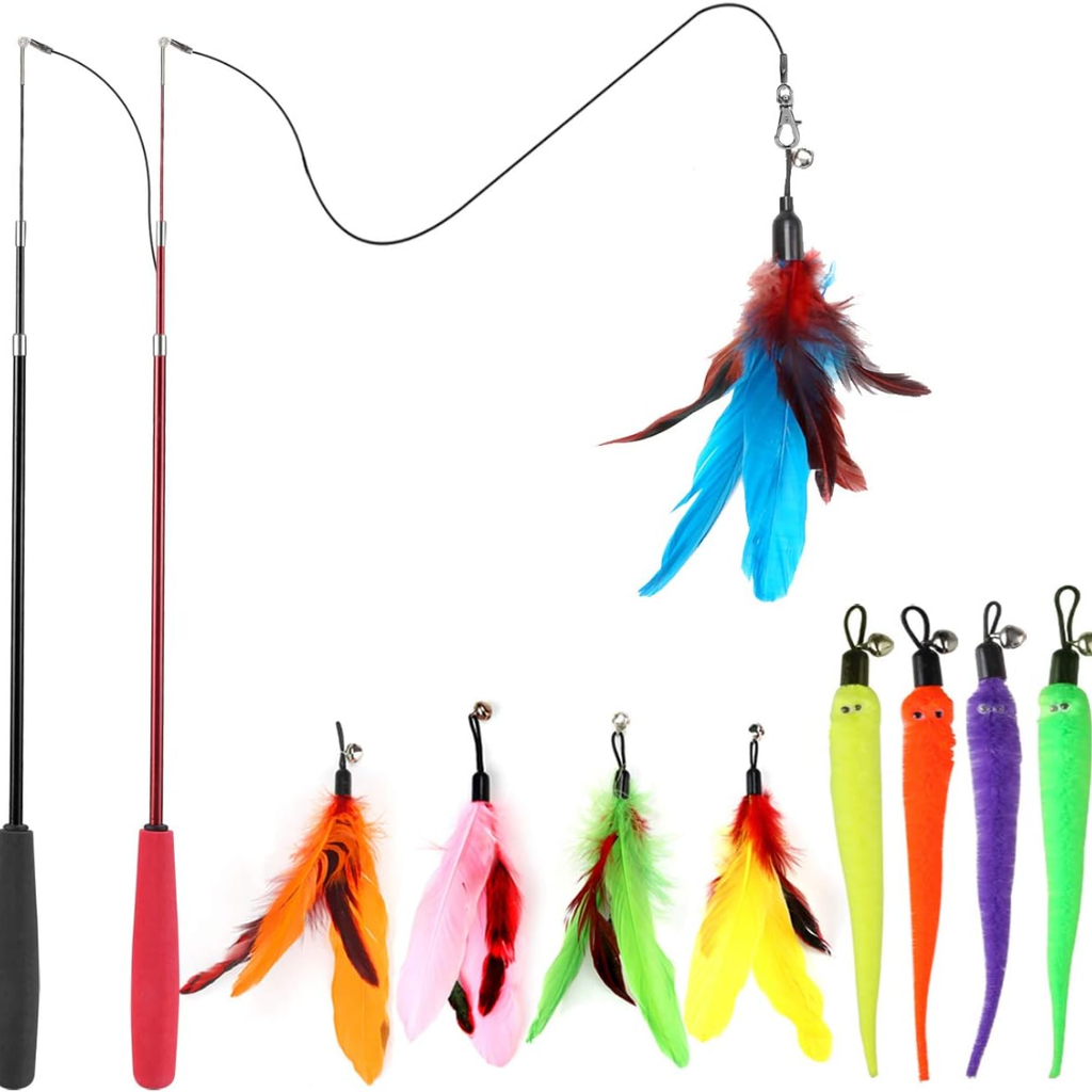 Cat wand toy set with two retractable wands and nine colorful feather refill toys