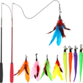 Cat wand toy set with two retractable wands and nine colorful feather refill toys