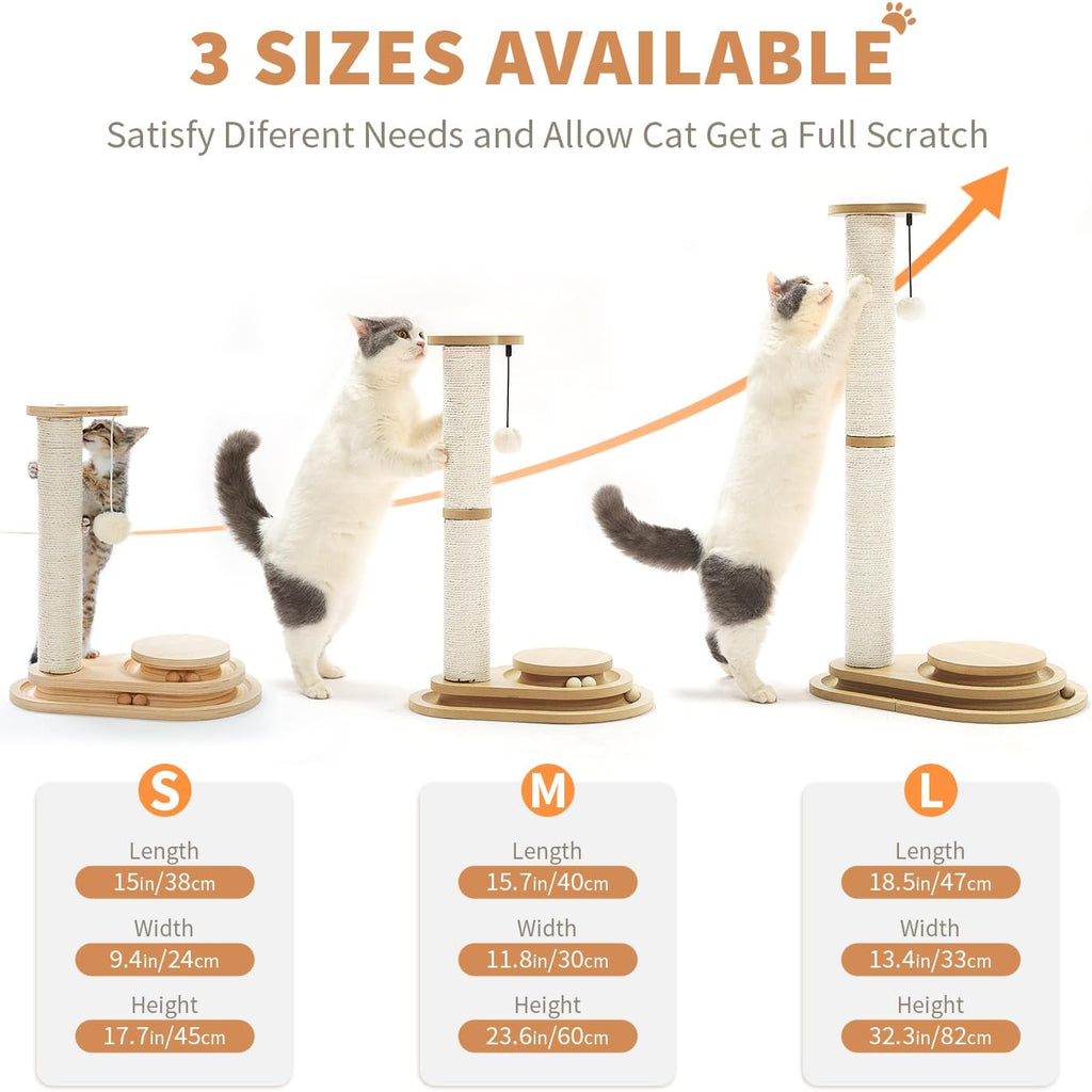 Size chart graphic showing three size options (S, M, L) of the wooden scratching post, with three cats stretching and scratching at different heights.