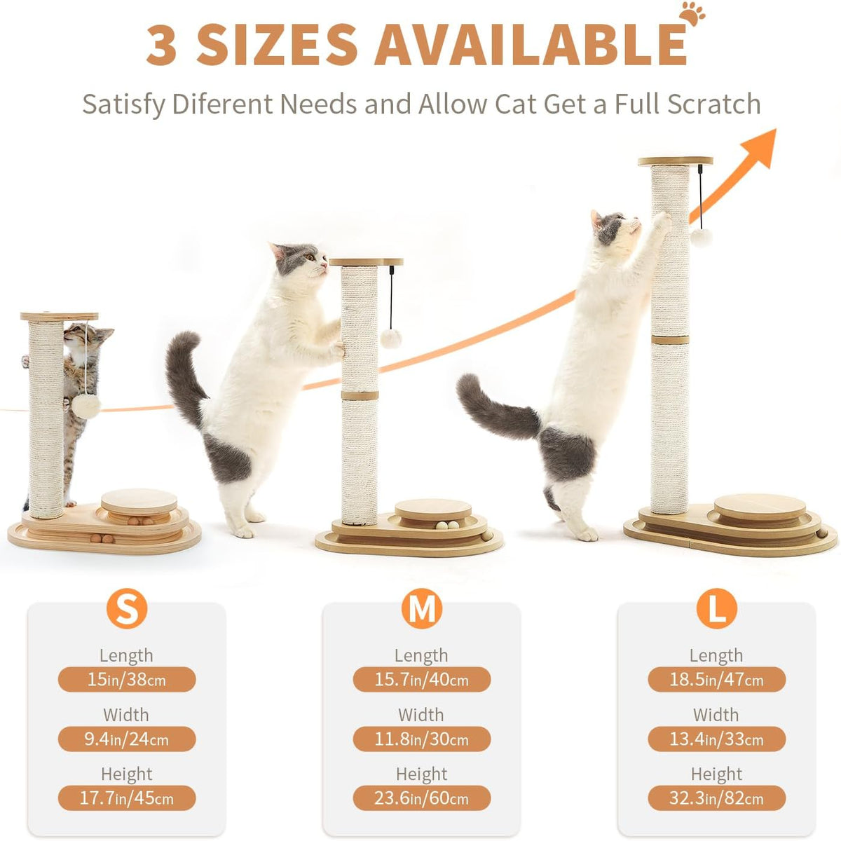 Size chart graphic showing three size options (S, M, L) of the wooden scratching post, with three cats stretching and scratching at different heights.
