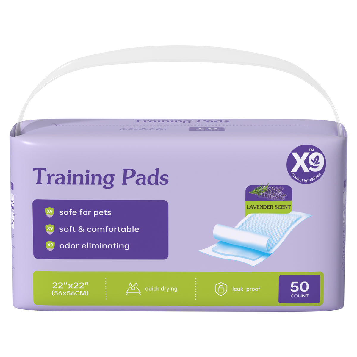 Purple 50-count X9 lavender scented pet training pads package, 22 by 22 inch with quick drying and leak proof
