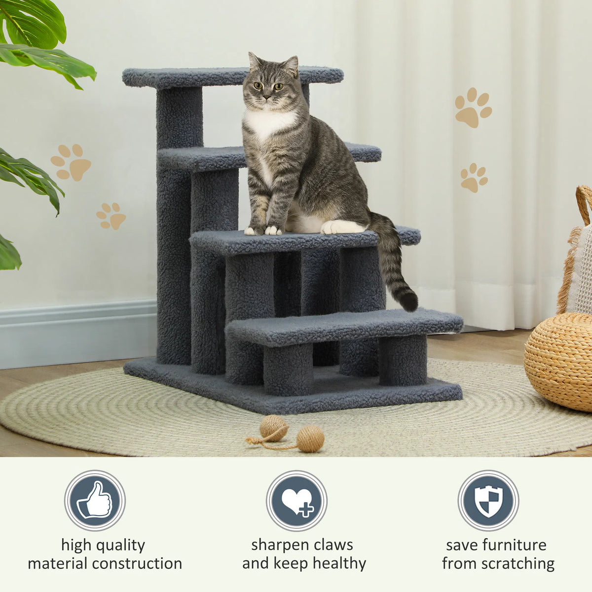 Four-step pet stairs with scratching posts for older arthritic pets