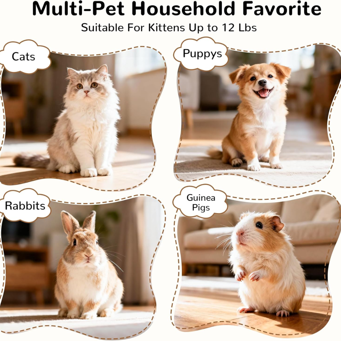 Multi-pet household favorite infographic showing cats, puppies, rabbits and guinea pigs, suitable for kittens up to 12 lbs