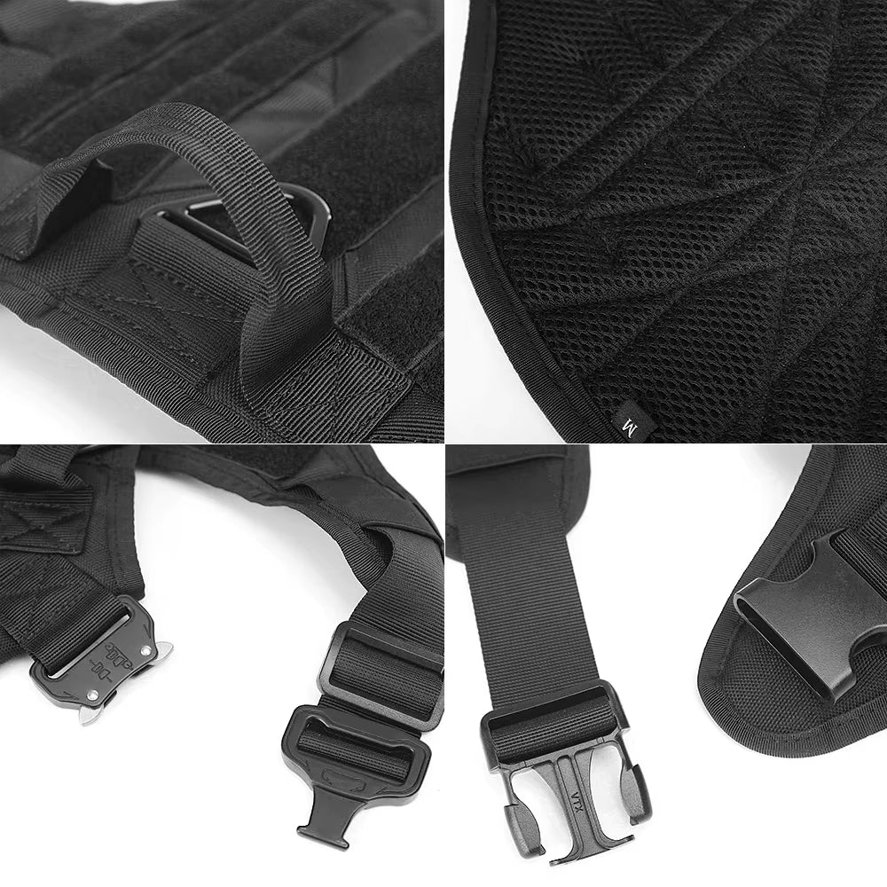 Close-up detail views of black tactical dog harness: control grab handle, breathable mesh padding and quick-release buckles