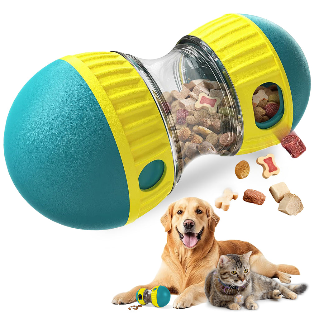 Green and yellow treat dispensing ball with dog and cat