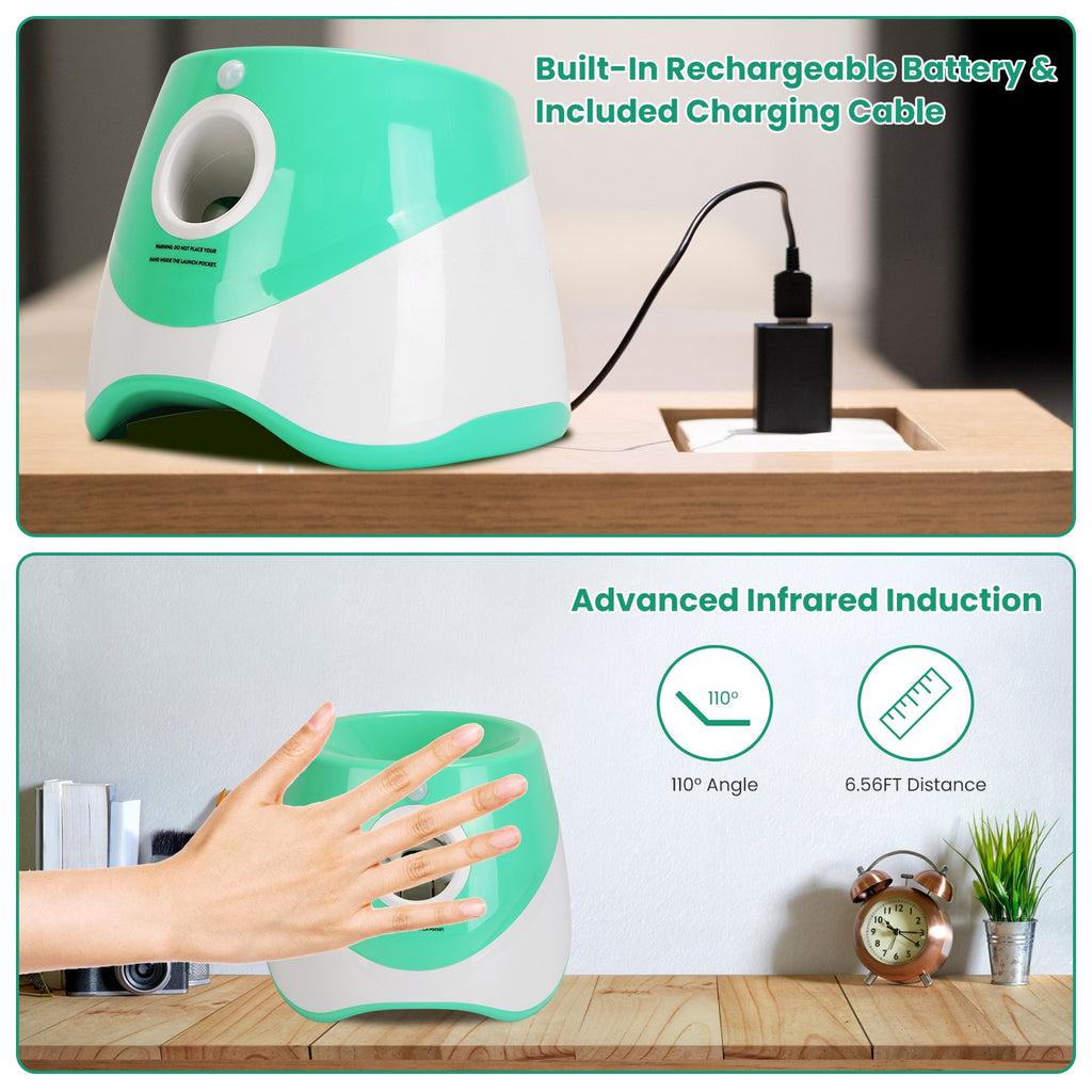 Teal automatic ball launcher with dog and tennis balls