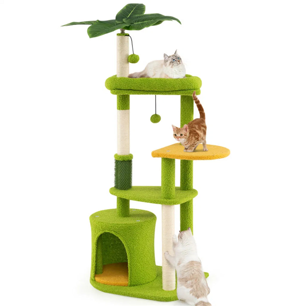Space-saving cat tree with artificial tropical leaves detail
