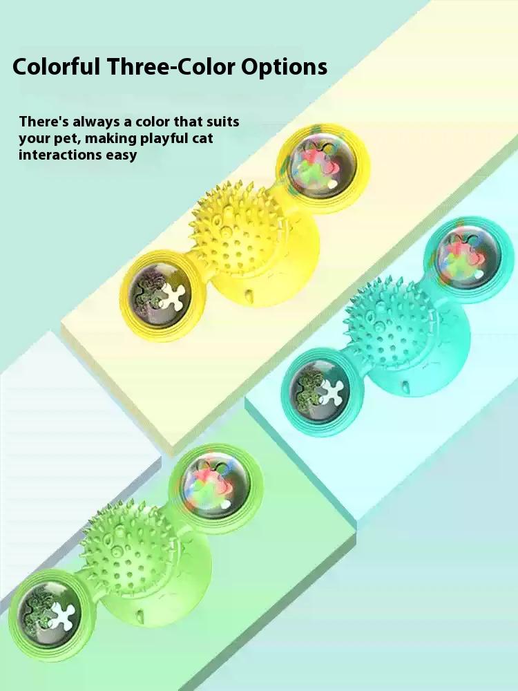 Color options graphic showing the windmill cat toy in yellow, turquoise, and green, each with a spiky massage ball and colorful ball domes.
