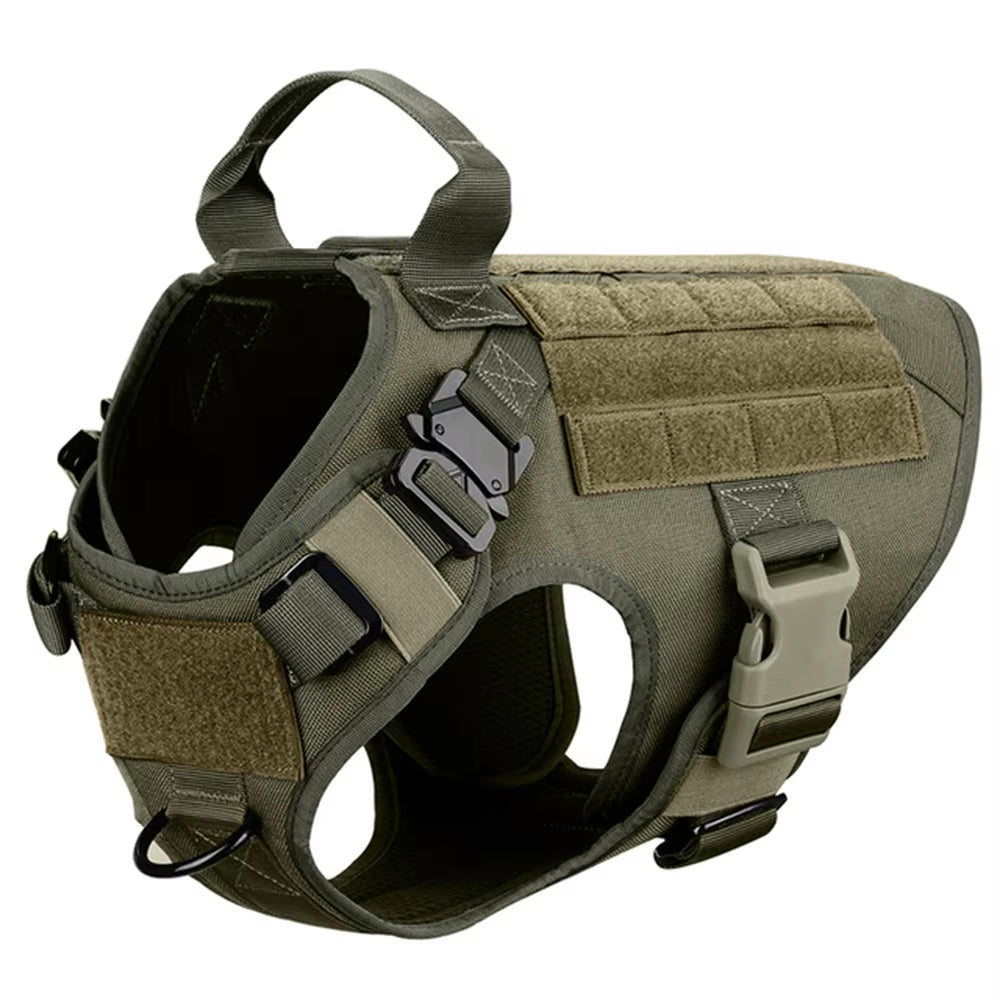 Dark green 1000D nylon tactical dog harness with MOLLE webbing panels, metal buckles and top control handle