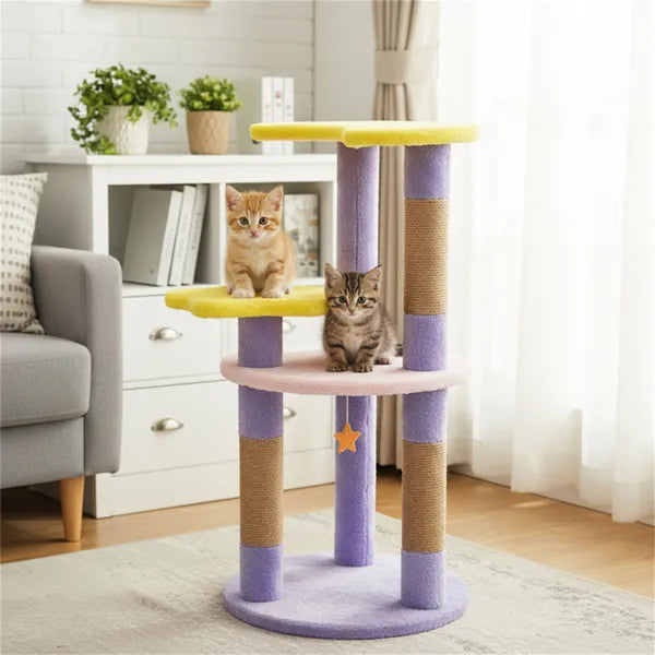 Moon and star cat tree showing scratching posts and cozy platforms