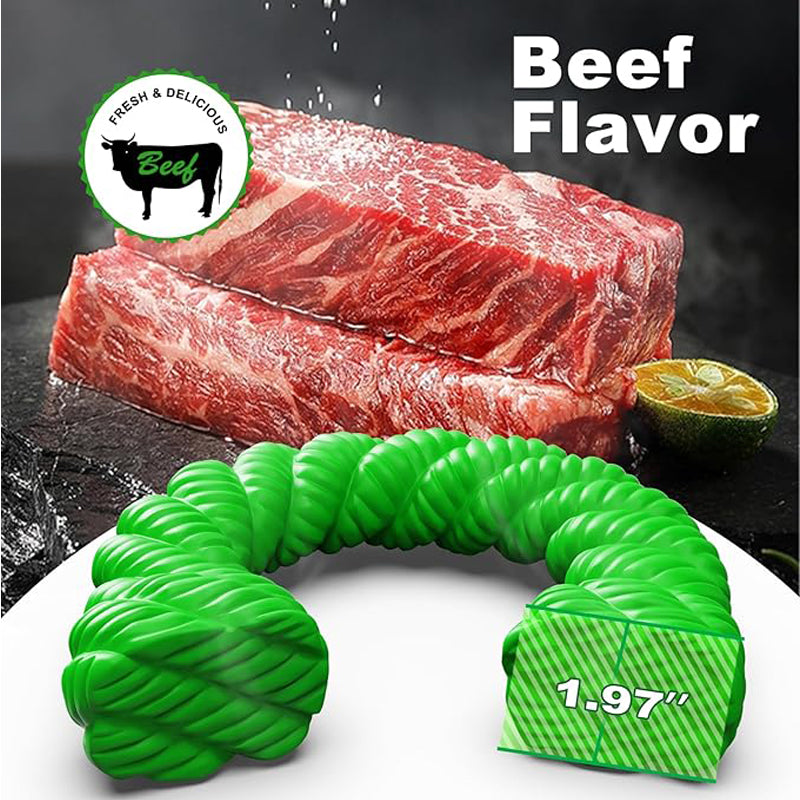 Beef flavor chew toy graphic showing green horseshoe toy with beef steak and 1.97 inch thickness