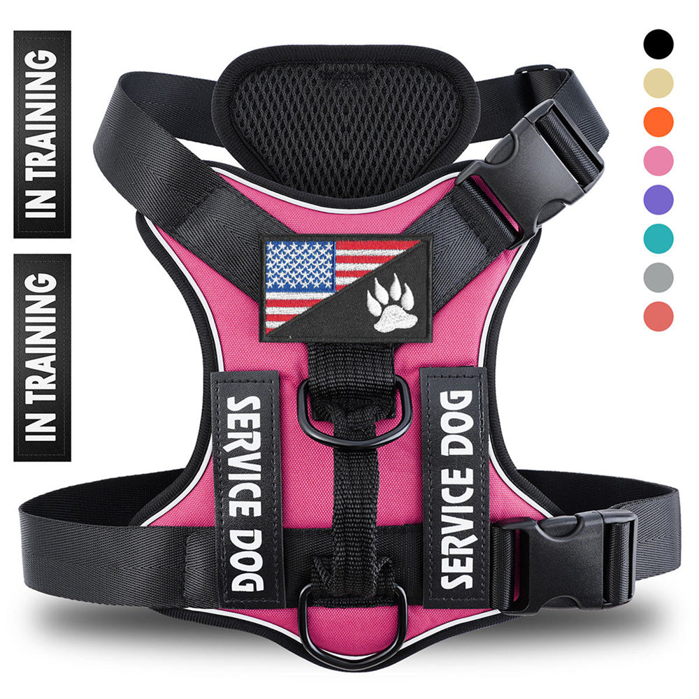 Pink reflective no-pull service dog harness vest, front view with SERVICE DOG and IN TRAINING patches, breathable mesh back panel and quick-release buckle