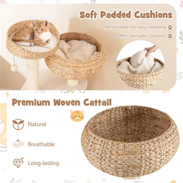 Infographic showing soft padded cushions and premium woven cattail material features