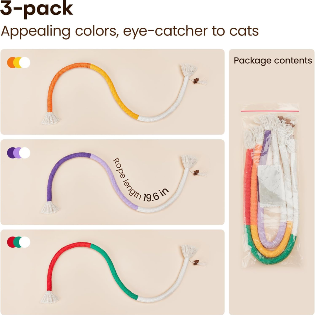 3-pack graphic showing three wavy chew ropes in appealing colors with tassels, 19.6-inch rope length callout, and package contents.