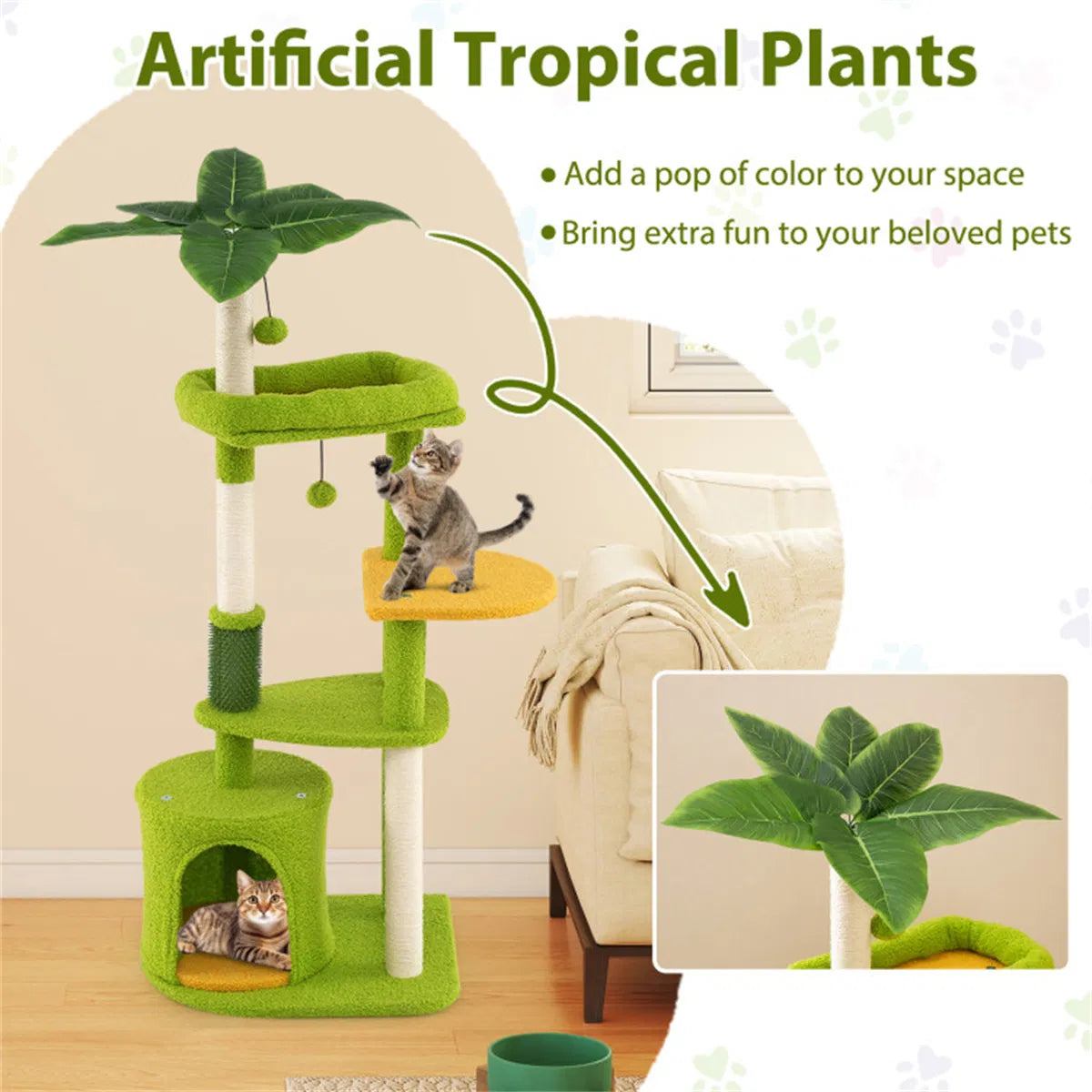 Tropical leaf cat tree for indoor cats, full view