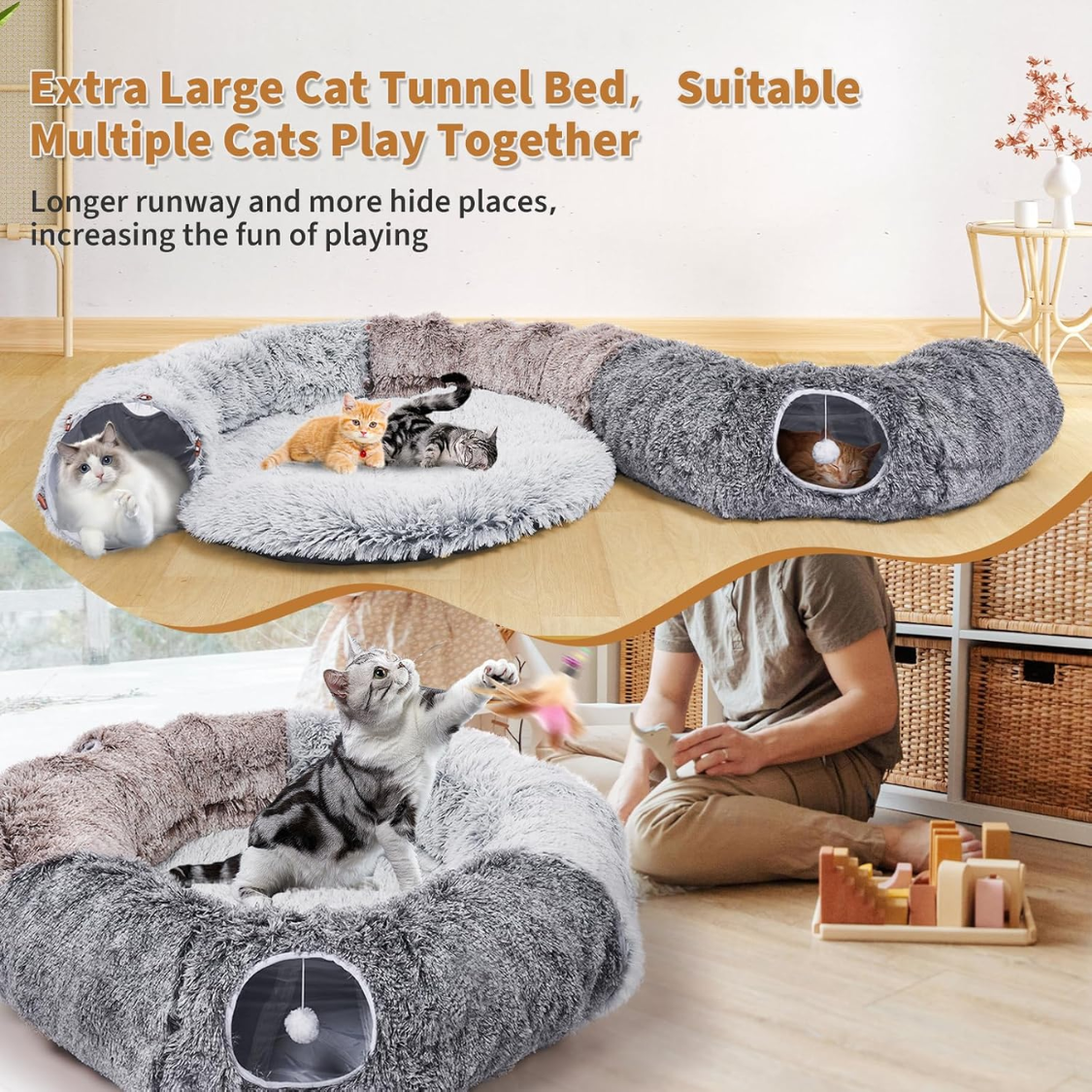 Fluffy donut cat tunnel bed features infographic