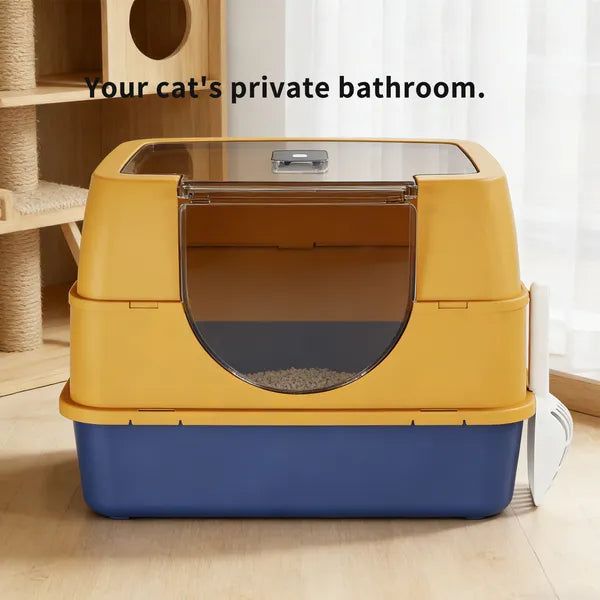 Orange enclosed cat litter box with dimensions 20.5 x 13.8 inches
