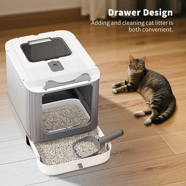 Elevated leak-proof cat litter box, angled view