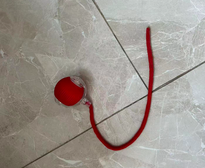 Red rolling ball with rope on the floor