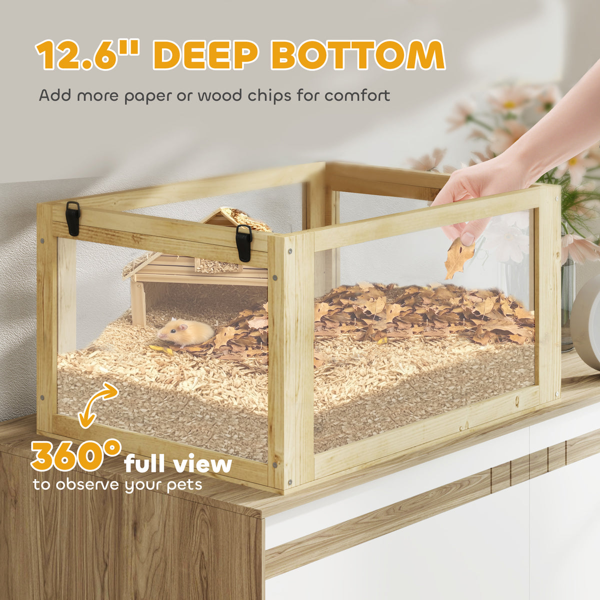Deep bottom graphic showing the 12.6-inch cage base filled with bedding and a hamster, with a 360-degree full view callout.