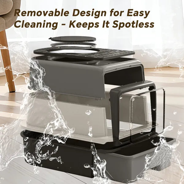 Top-rated cat litter box with multi-tone gray finish, side view