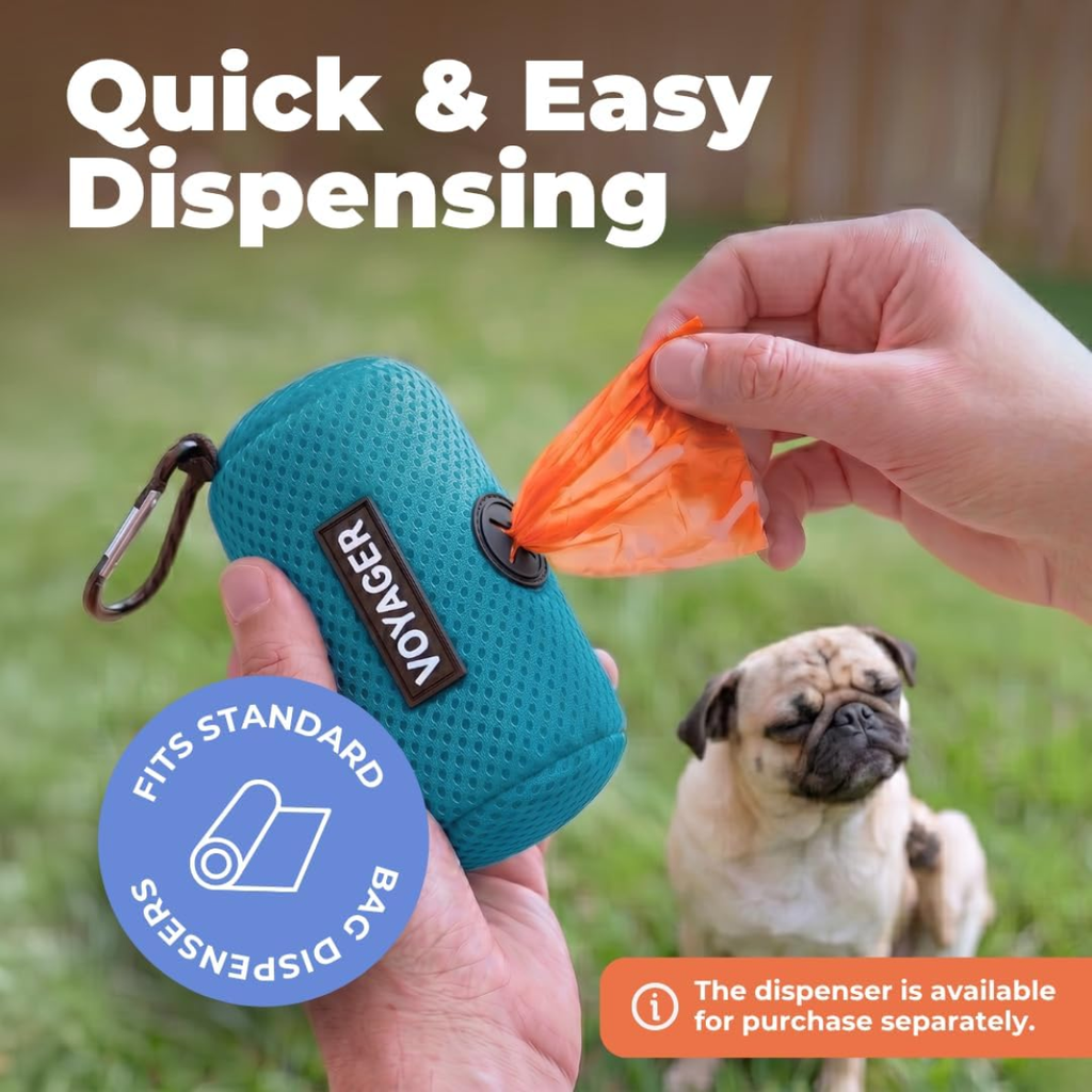 hand pulling orange dog poop bag from blue dispenser pouch that fits standard bag dispensers with pug in background