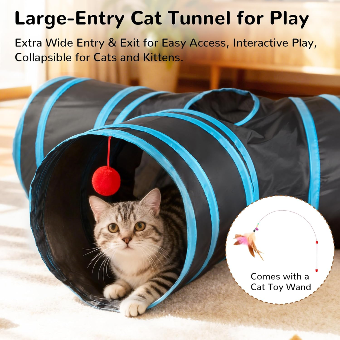 Large-entry cat tunnel for play infographic showing tabby cat in black 3-way tunnel with red pom-pom and included cat toy wand