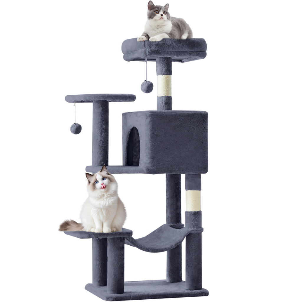 Deep grey 44 inch cat tree tower with two cats, condo cubby, hammock and hanging toy balls
