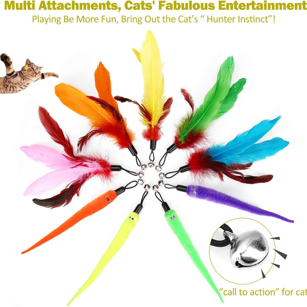 Nine colorful feather refill toys arranged in a circle with a leaping tabby cat and bell detail