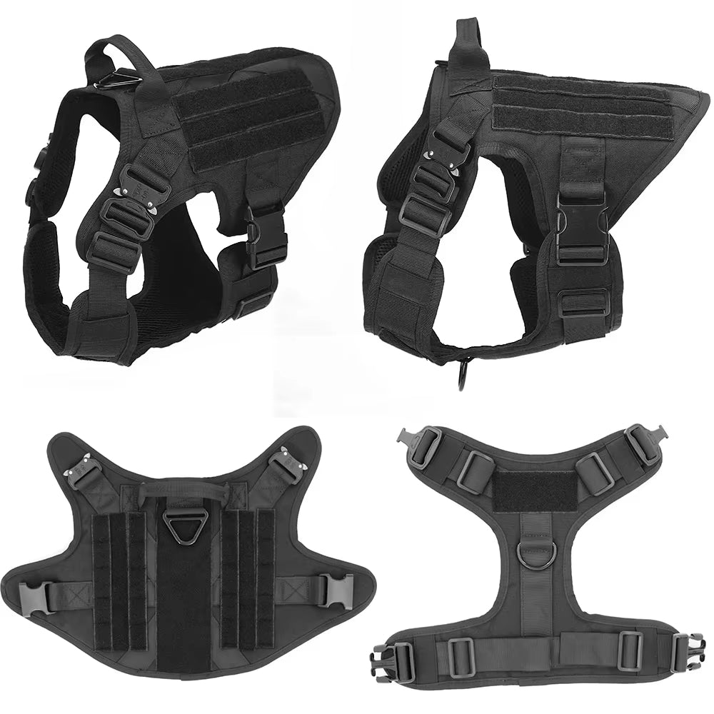Black tactical no-pull dog harness shown from four angles: side, top, front and underside views with adjustable straps and buckles