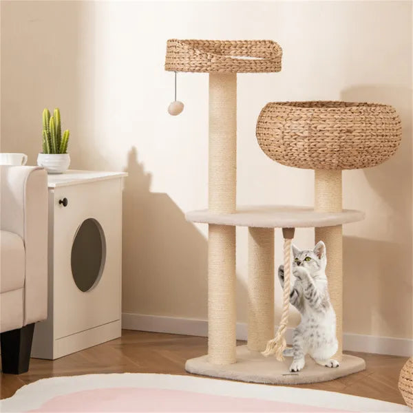 White water hyacinth cat tree in a cozy room with kitten playing with hanging rope toy