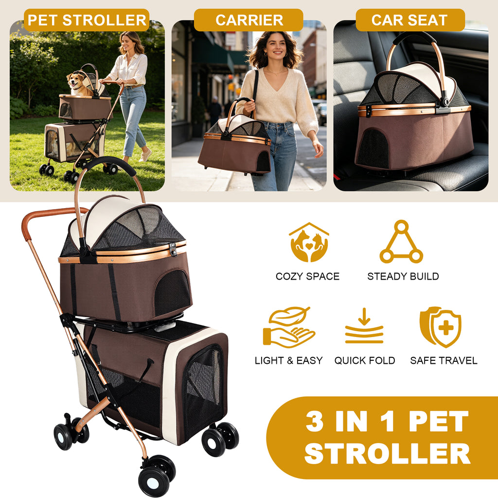 3-in-1 pet stroller infographic showing stroller, carrier and car seat modes with lifestyle photos and feature icons