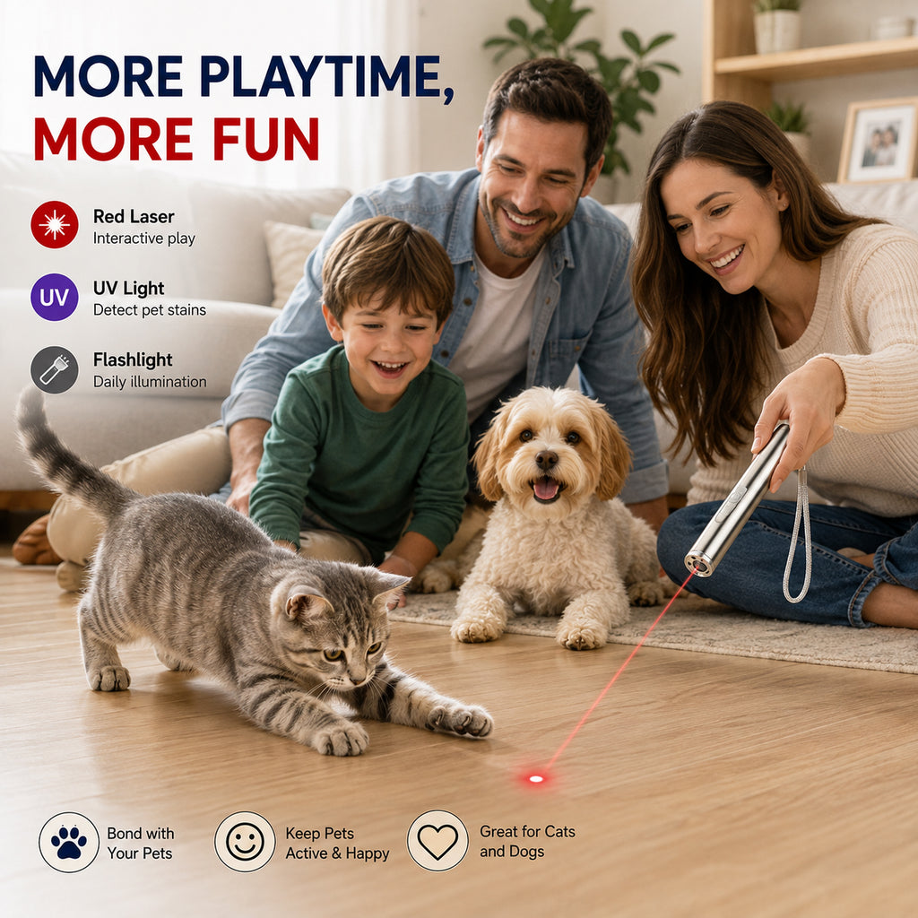 Family playing with a cat using a 3-in-1 pet laser pointer