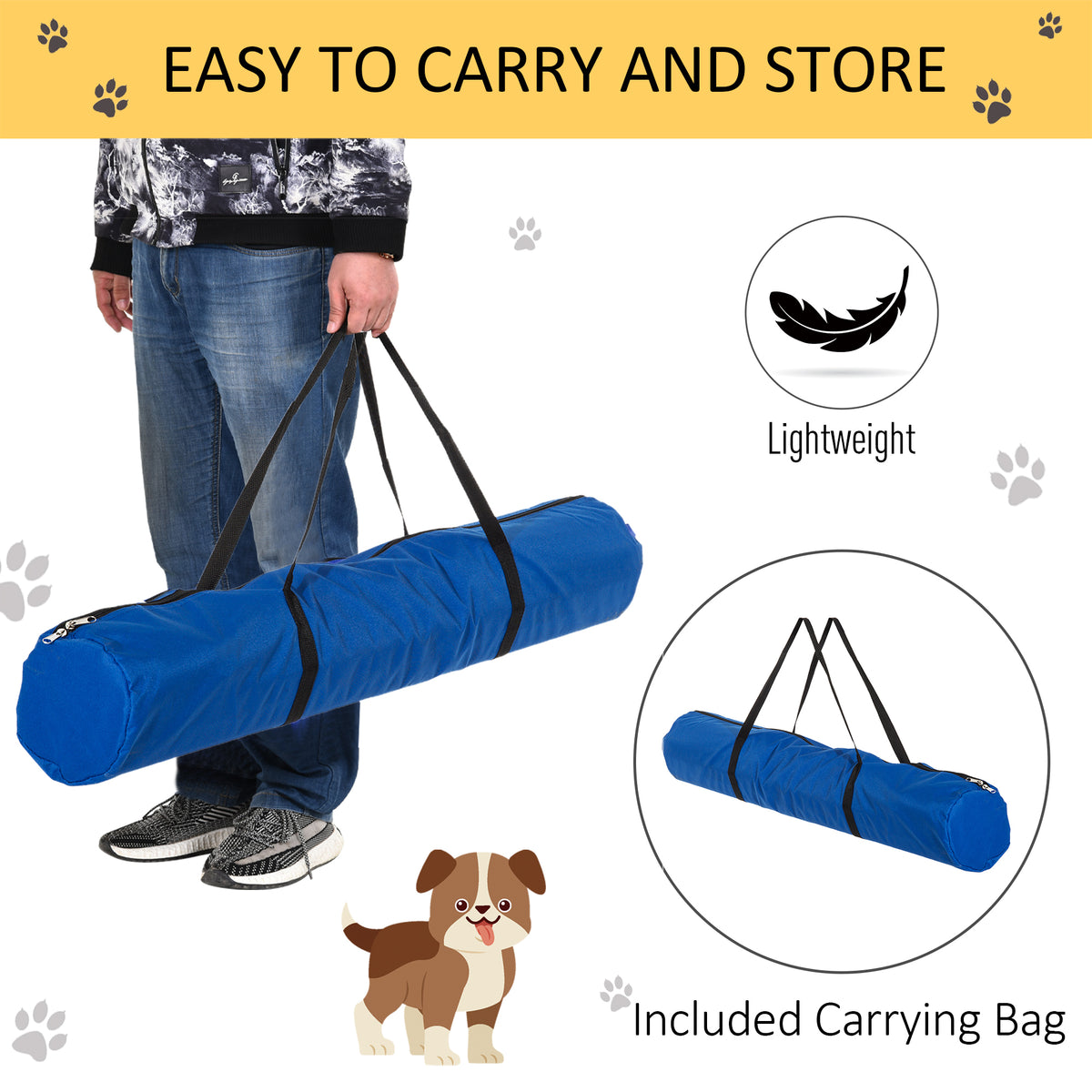 Blue agility jump carry bag with dog